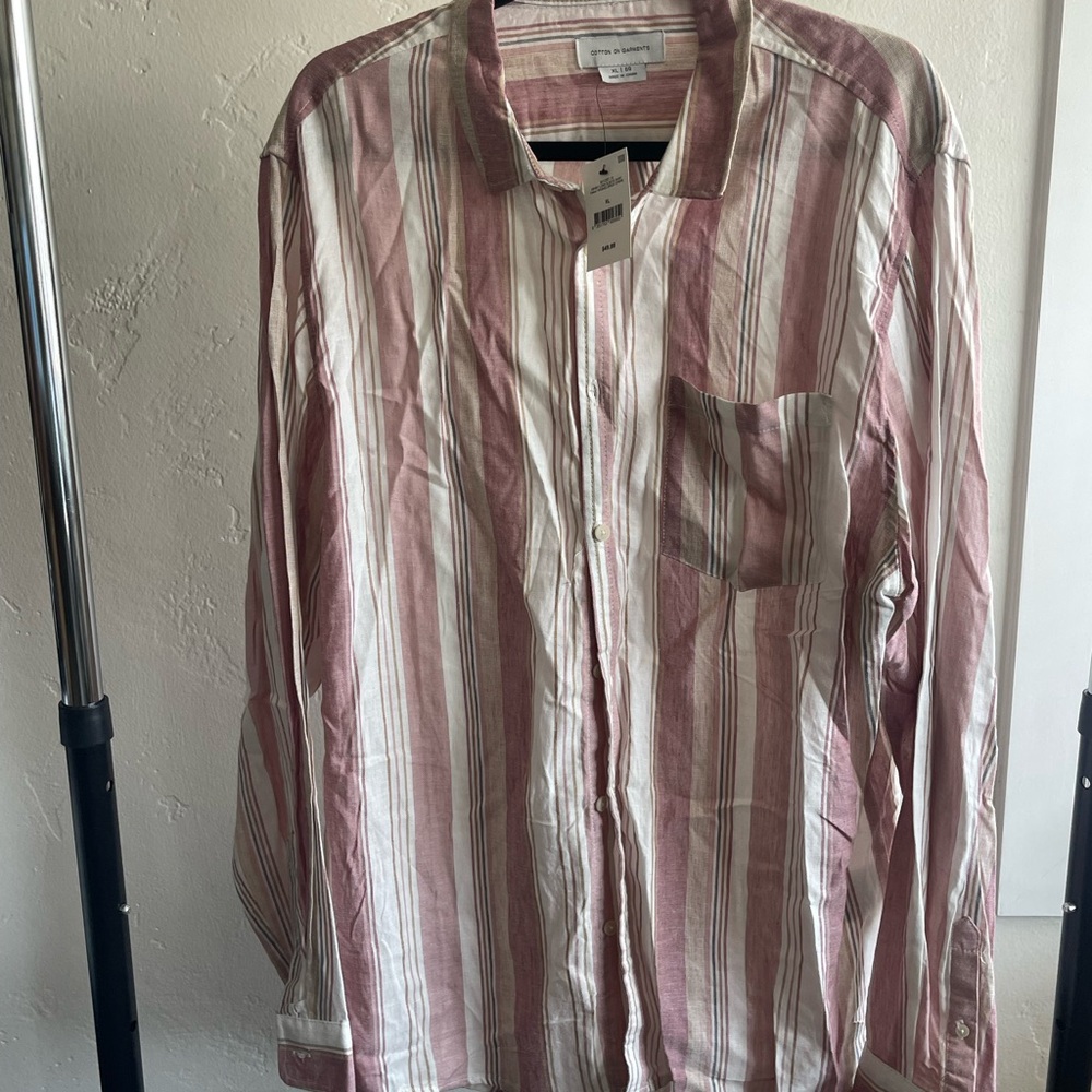 Cotton On Men's Striped Dress Shirt - Pink and White